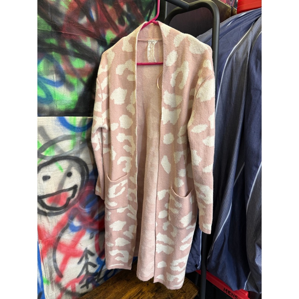 Pink Leopard Print Longline Open Front Cardigan Sweater Pockets S Long Work